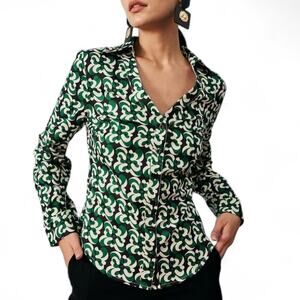 Zara Green Black Retro Print Button Front V-Neck Blouse Size M